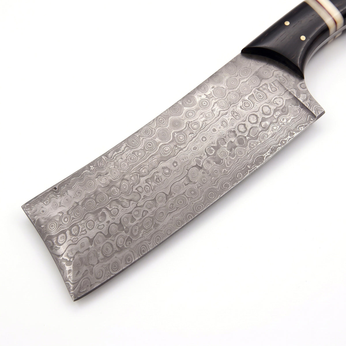 Hollow 12.5" Damascus Cleaver | Black Horn, Damascus blade close-up