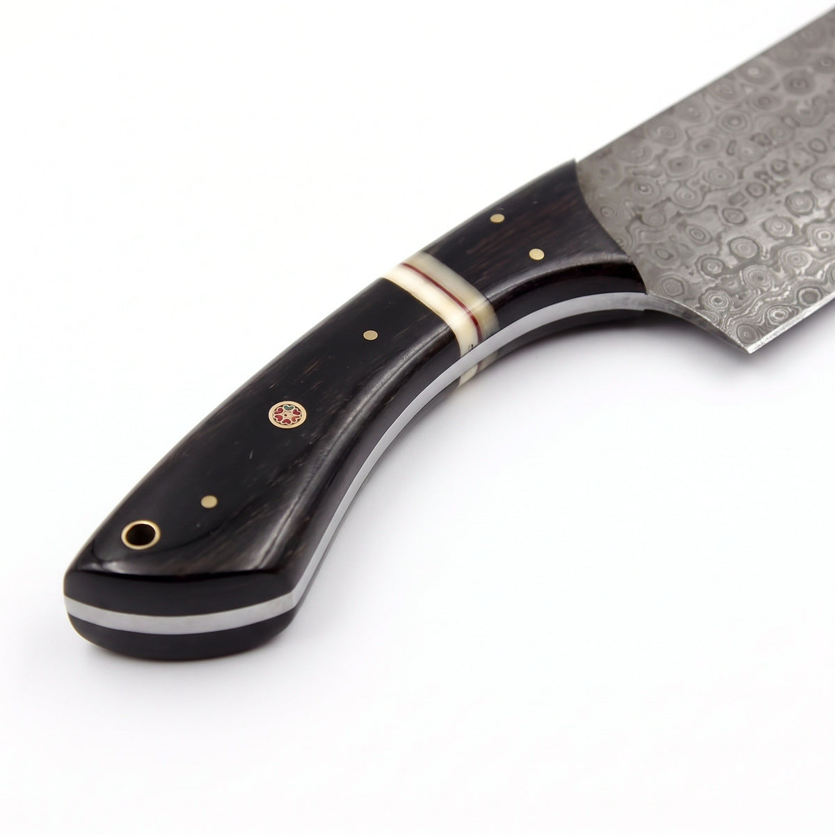 Hollow 12.5" Damascus Cleaver | Black Horn, handle and fittings close-up