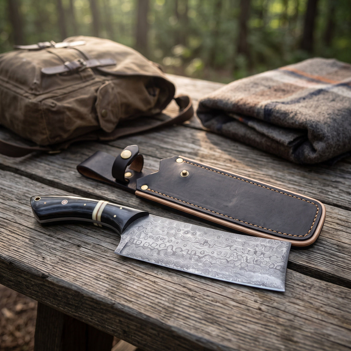 Hollow 12.5" Damascus Cleaver | Black Horn, with the Crownridge sheath in use