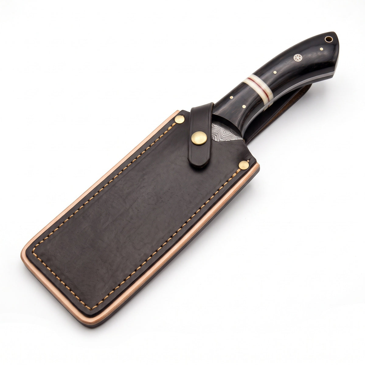 Hollow 12.5" Damascus Cleaver | Black Horn, seated in the Crownridge sheath