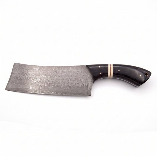 Hollow 12.5" Damascus Cleaver | Black Horn, side profile on white