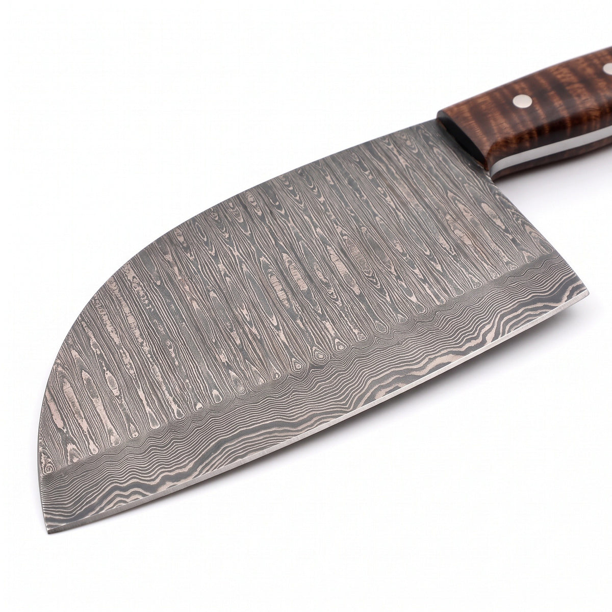 Hollow 12" Damascus Cleaver | Figured Walnut, Damascus blade close-up
