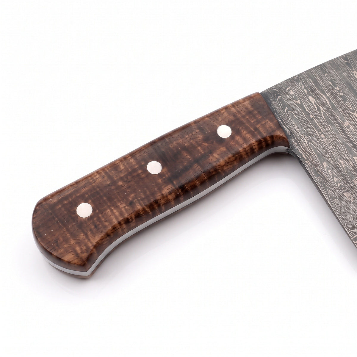 Hollow 12" Damascus Cleaver | Figured Walnut, handle and fittings close-up