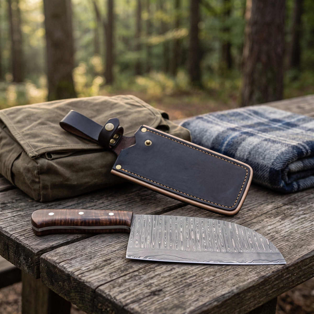 Hollow 12" Damascus Cleaver | Figured Walnut, with the Crownridge sheath in use