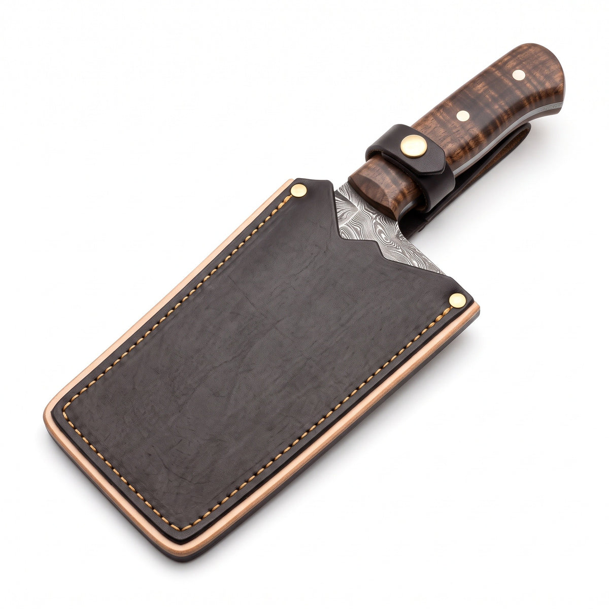 Hollow 12" Damascus Cleaver | Figured Walnut, seated in the Crownridge sheath