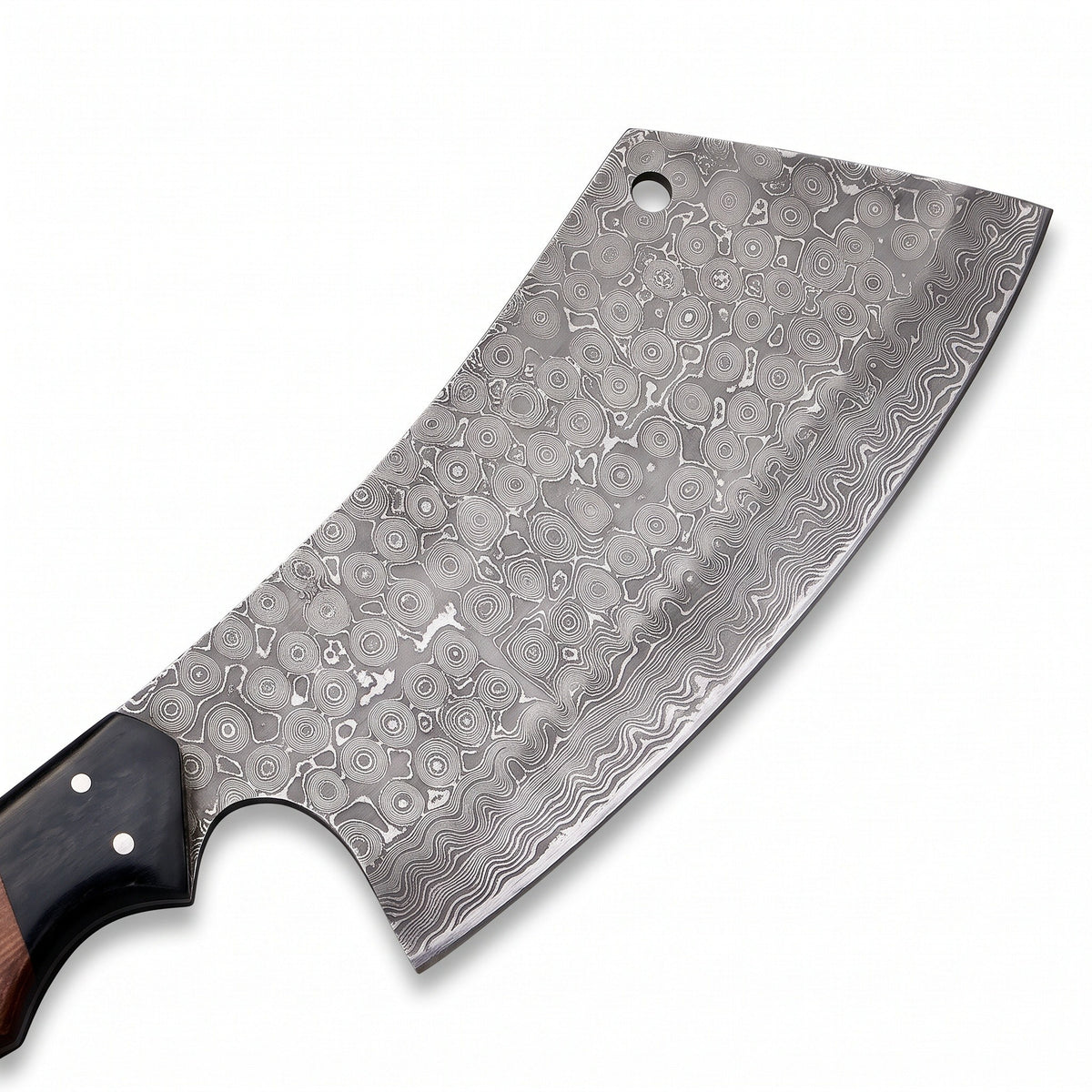 Hollow 12" Damascus Cleaver | Rosewood, Damascus blade close-up
