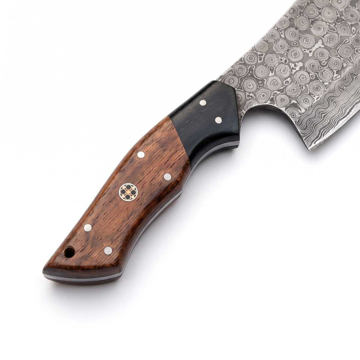 Hollow 12" Damascus Cleaver | Rosewood, handle and fittings close-up