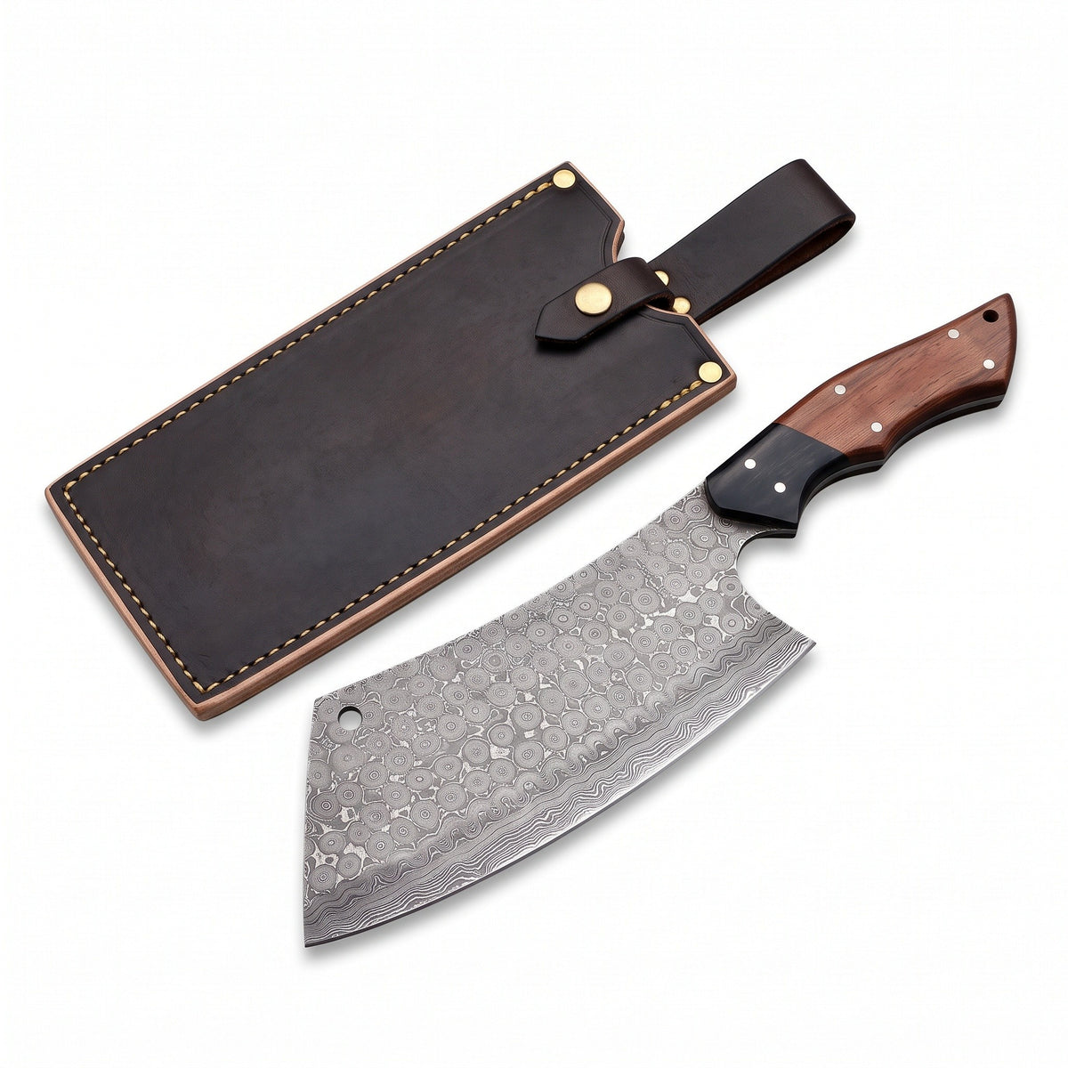 Hollow 12" Damascus Cleaver | Rosewood, three-quarter view with the Crownridge sheath