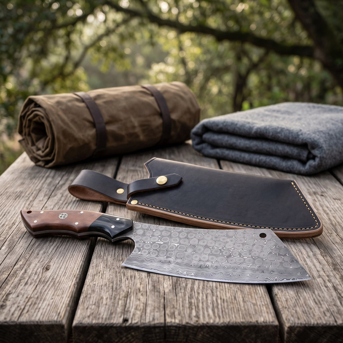 Hollow 12" Damascus Cleaver | Rosewood, with the Crownridge sheath in use
