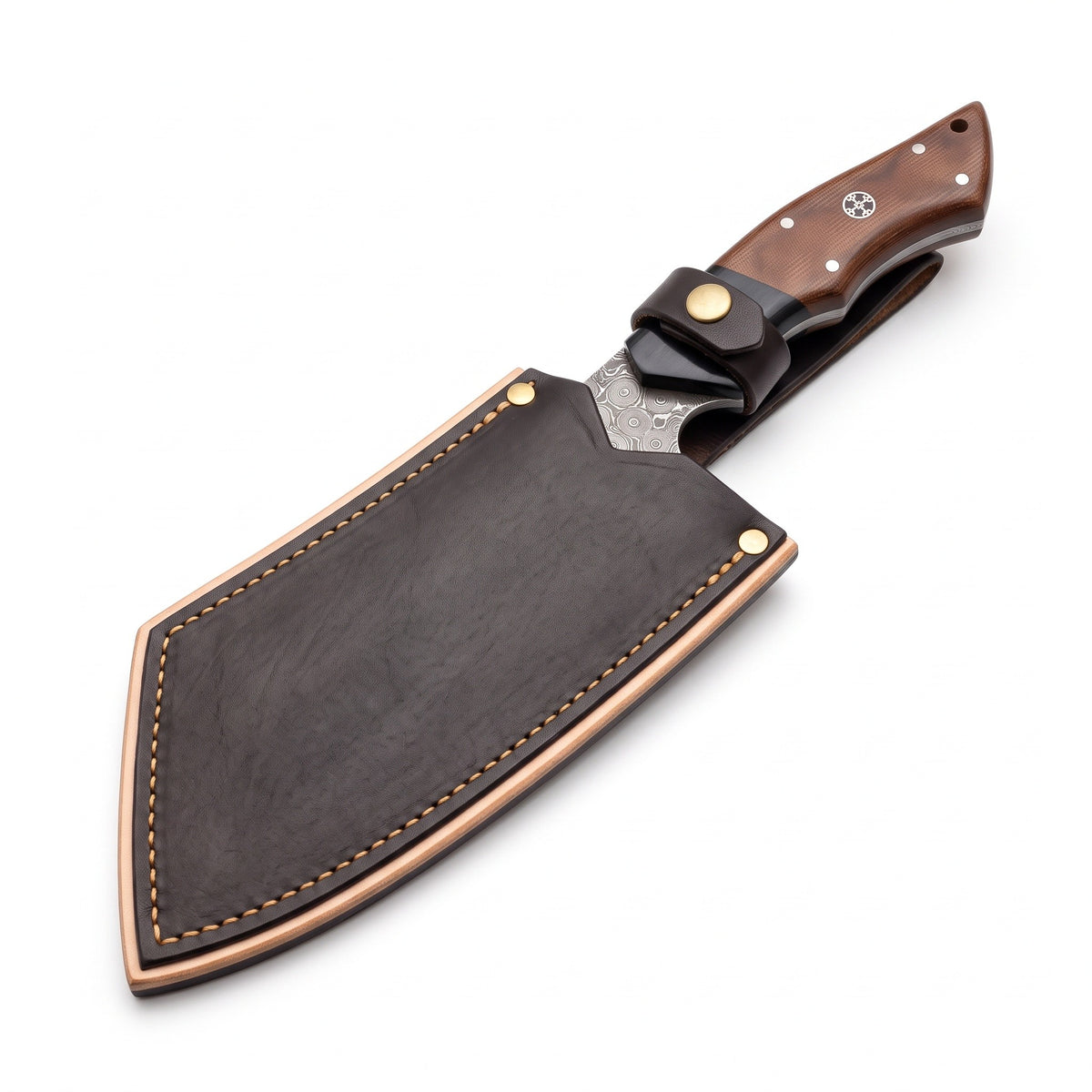 Hollow 12" Damascus Cleaver | Rosewood, seated in the Crownridge sheath