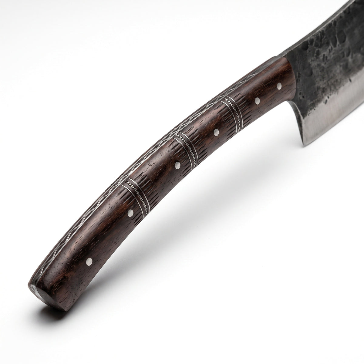 Hollow 20" Satin Steel Cleaver | Hardwood, handle and fittings close-up