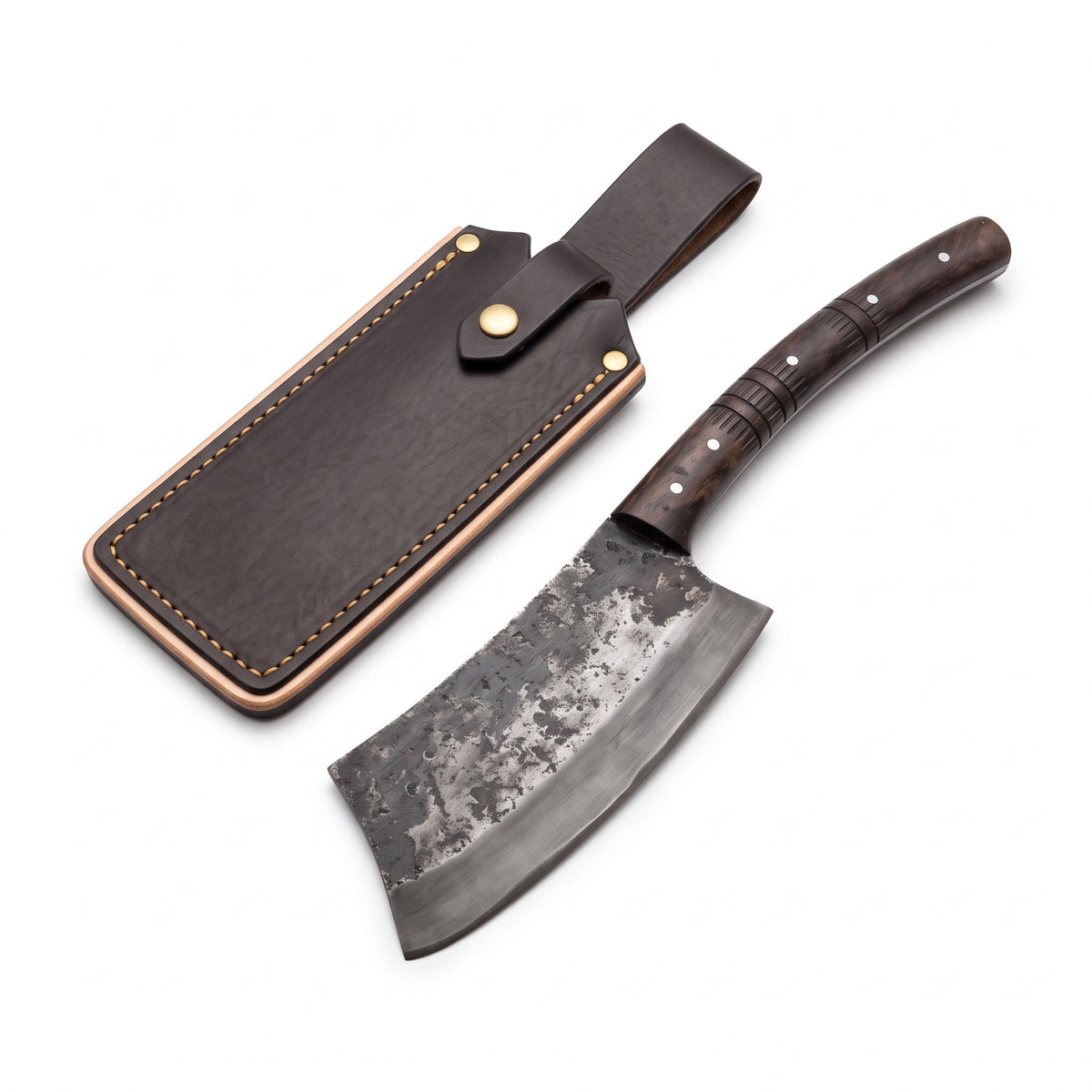 Hollow 20" Satin Steel Cleaver | Hardwood, three-quarter view with the Crownridge sheath