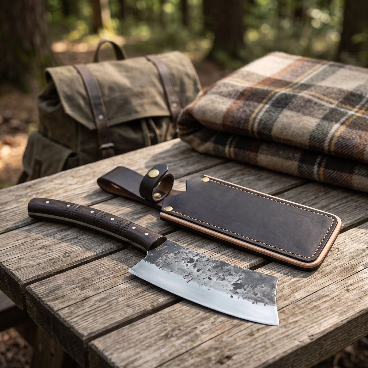 Hollow 20" Satin Steel Cleaver | Hardwood, with the Crownridge sheath in use