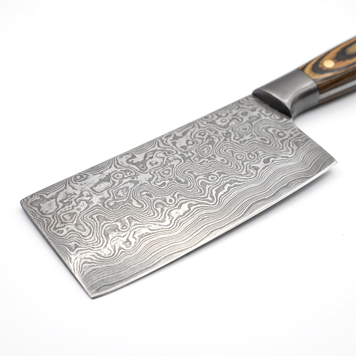 Hollow 6.5" Damascus Meat Cleaver | Pakkawood, Damascus blade close-up