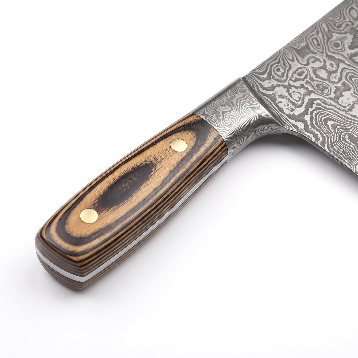Hollow 6.5" Damascus Meat Cleaver | Pakkawood, handle and fittings close-up