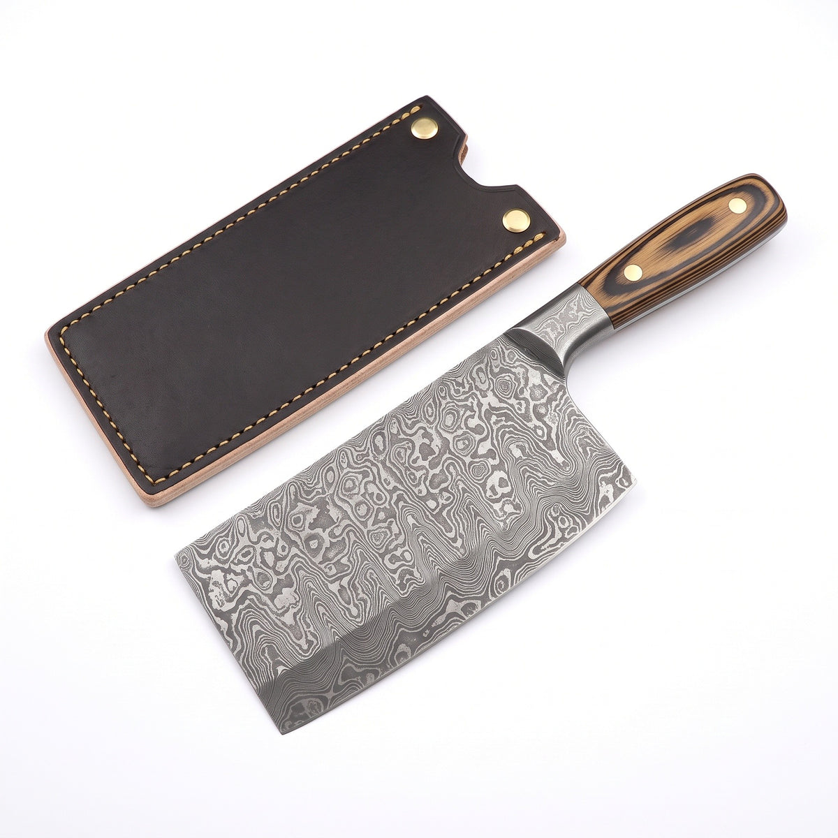 Hollow 6.5" Damascus Meat Cleaver | Pakkawood, three-quarter view with the Crownridge blade guard