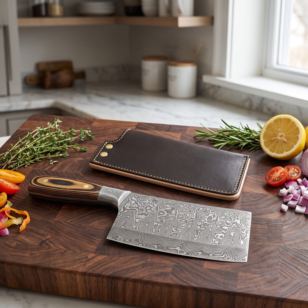 Hollow 6.5" Damascus Meat Cleaver | Pakkawood, with the Crownridge blade guard in use