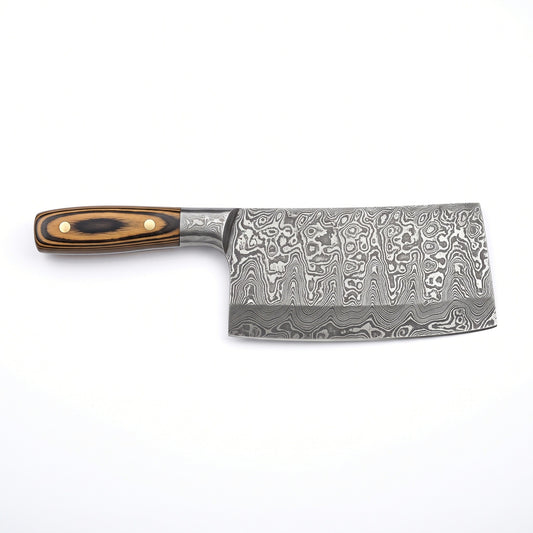Hollow 6.5" Damascus Meat Cleaver | Pakkawood, side profile on white