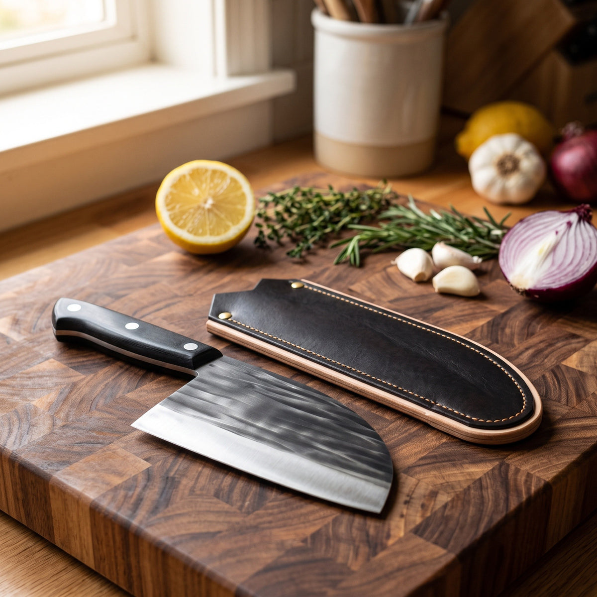 Hollow 7" Carbon Steel Serbian Chef Knife | Black Micarta, with the Crownridge blade guard in use