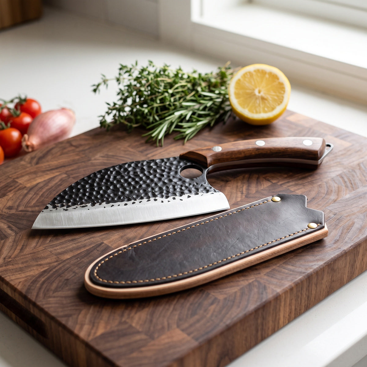 Hollow 7" Carbon Steel Serbian Chef Knife | Bone, with the Crownridge blade guard in use