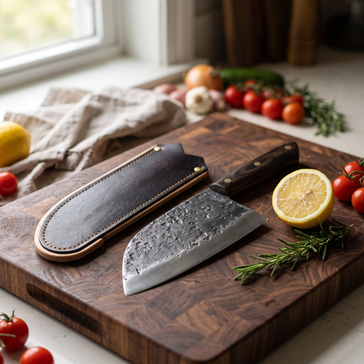 Hollow 6.75" Carbon Steel Serbian Chef Knife | Pakkawood, with the Crownridge blade guard in use