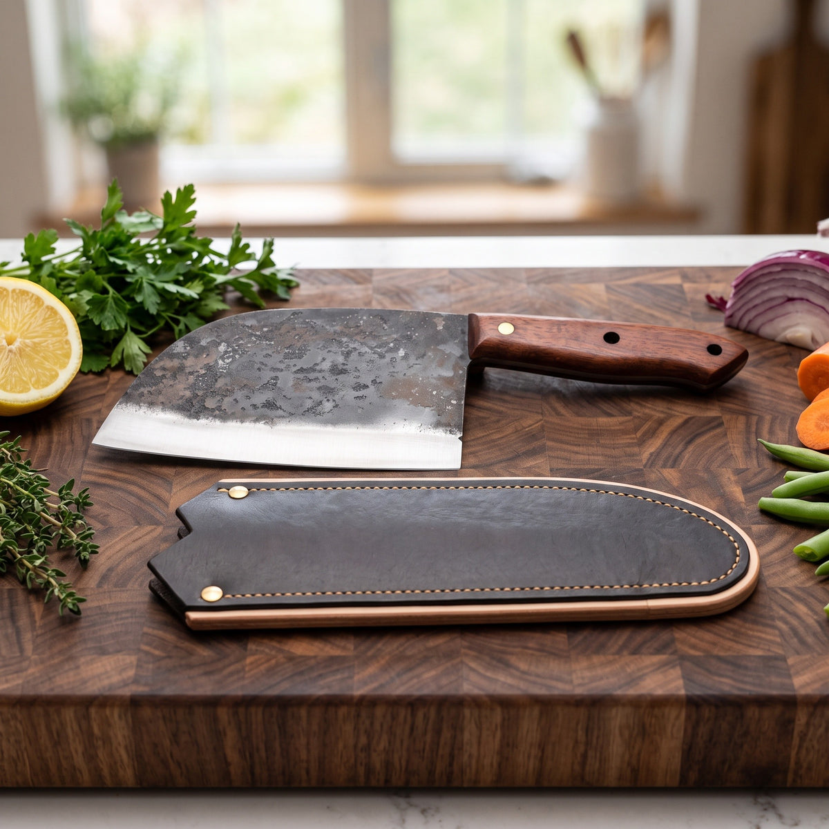 Hollow 7" Carbon Steel Serbian Chef Knife | Rosewood, with the Crownridge blade guard in use