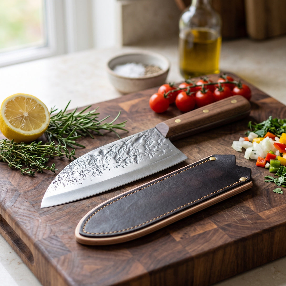 Hollow 7" Carbon Steel Serbian Chef Knife | Walnut, with the Crownridge blade guard in use