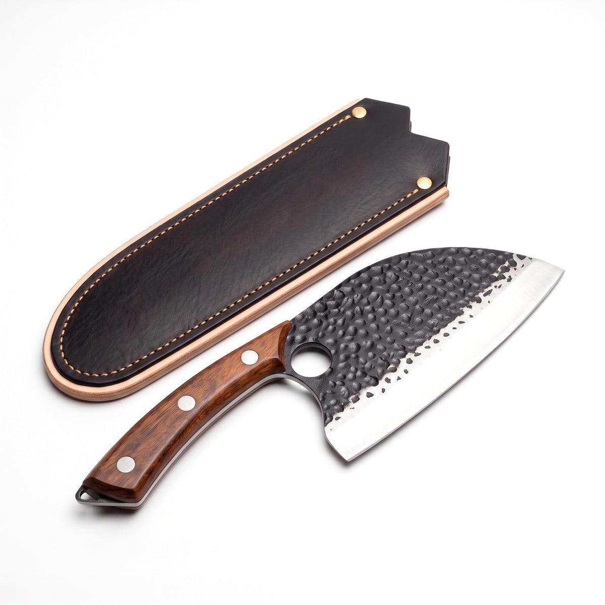 Hollow 7" Carbon Steel Serbian Chef Knife | Bone, three-quarter view with the Crownridge blade guard