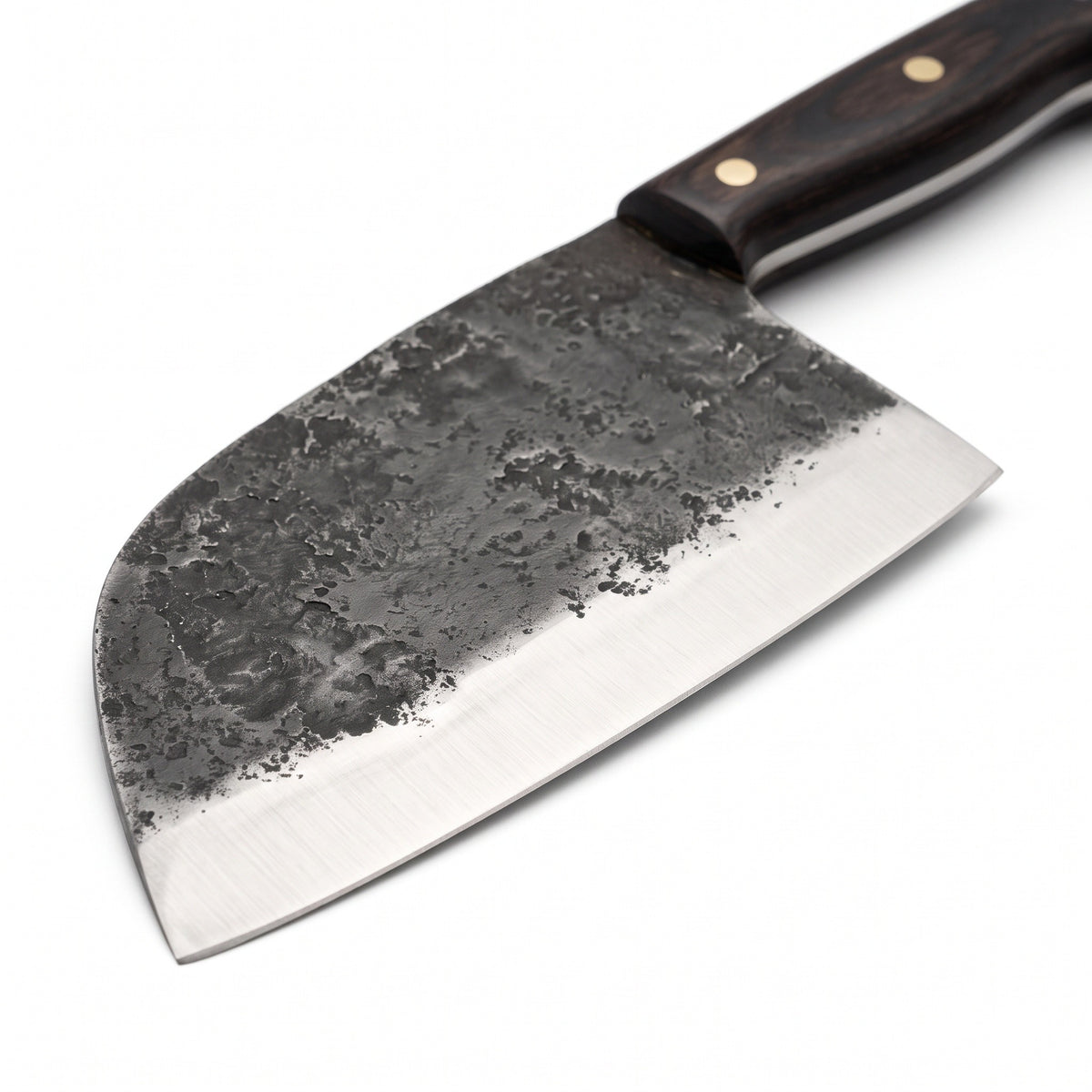 Hollow 6.75" Carbon Steel Serbian Chef Knife | Pakkawood, carbon steel blade close-up