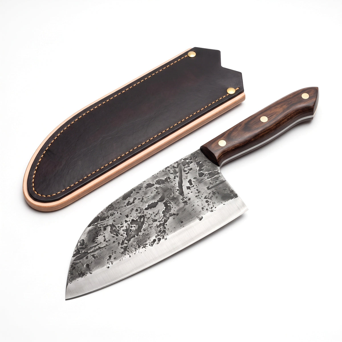 Hollow 6.75" Carbon Steel Serbian Chef Knife | Pakkawood, three-quarter view with the Crownridge blade guard