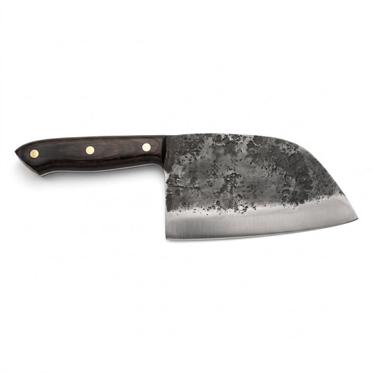 Hollow 6.75" Carbon Steel Serbian Chef Knife | Pakkawood, side profile on white