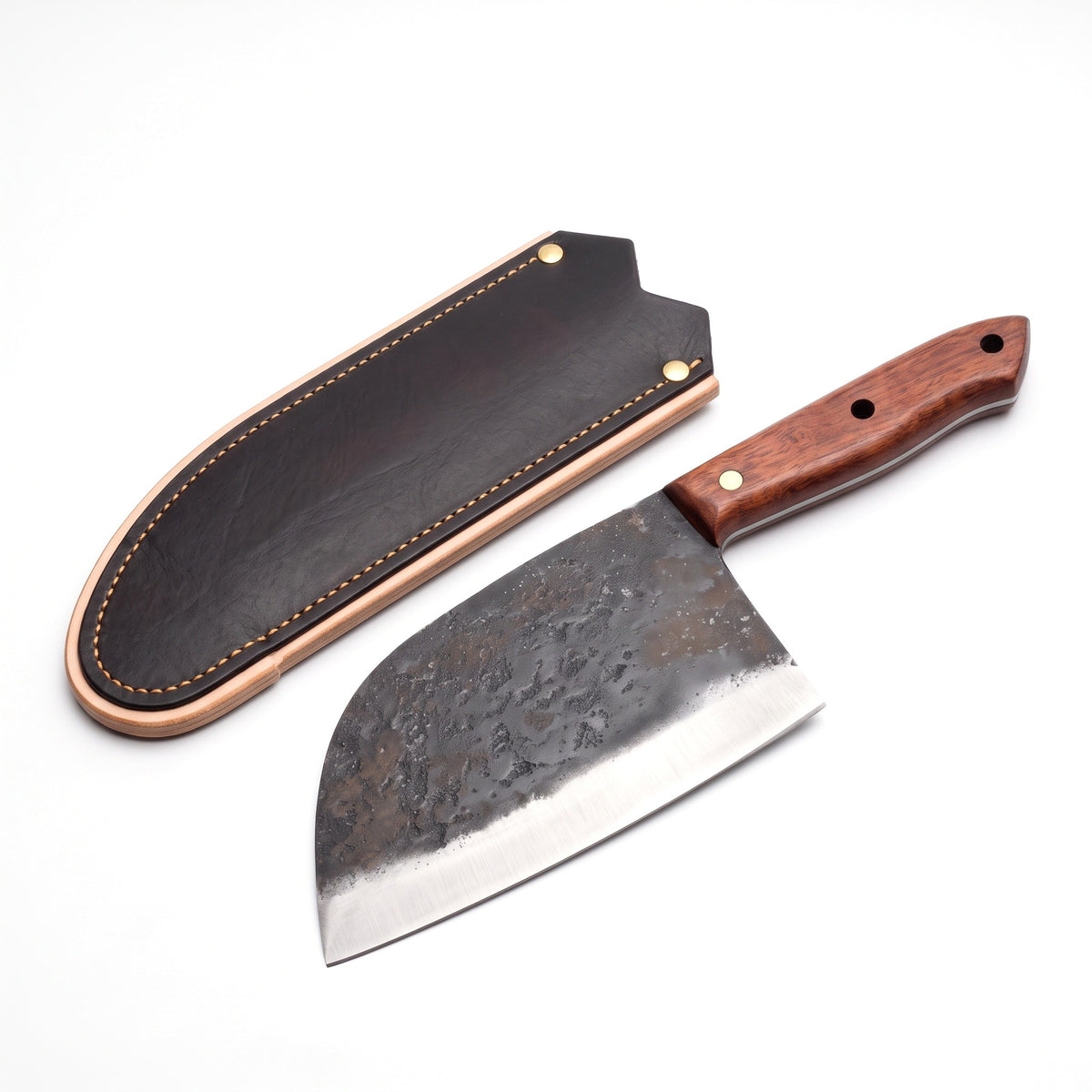 Hollow 7" Carbon Steel Serbian Chef Knife | Rosewood, three-quarter view with the Crownridge blade guard