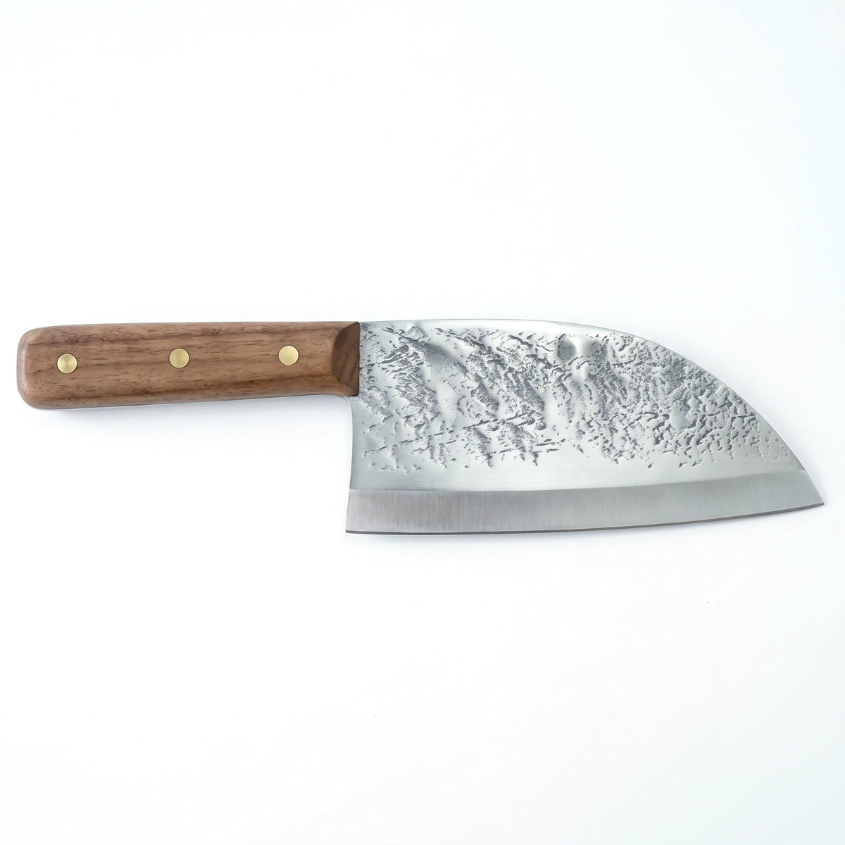 Hollow 7" Carbon Steel Serbian Chef Knife | Walnut, side profile on white