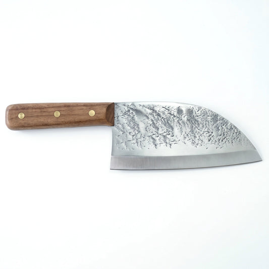 Hollow 7" Carbon Steel Serbian Chef Knife | Walnut, side profile on white