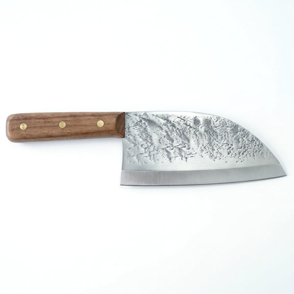 Hollow 7" Carbon Steel Serbian Chef Knife | Walnut, side profile on white