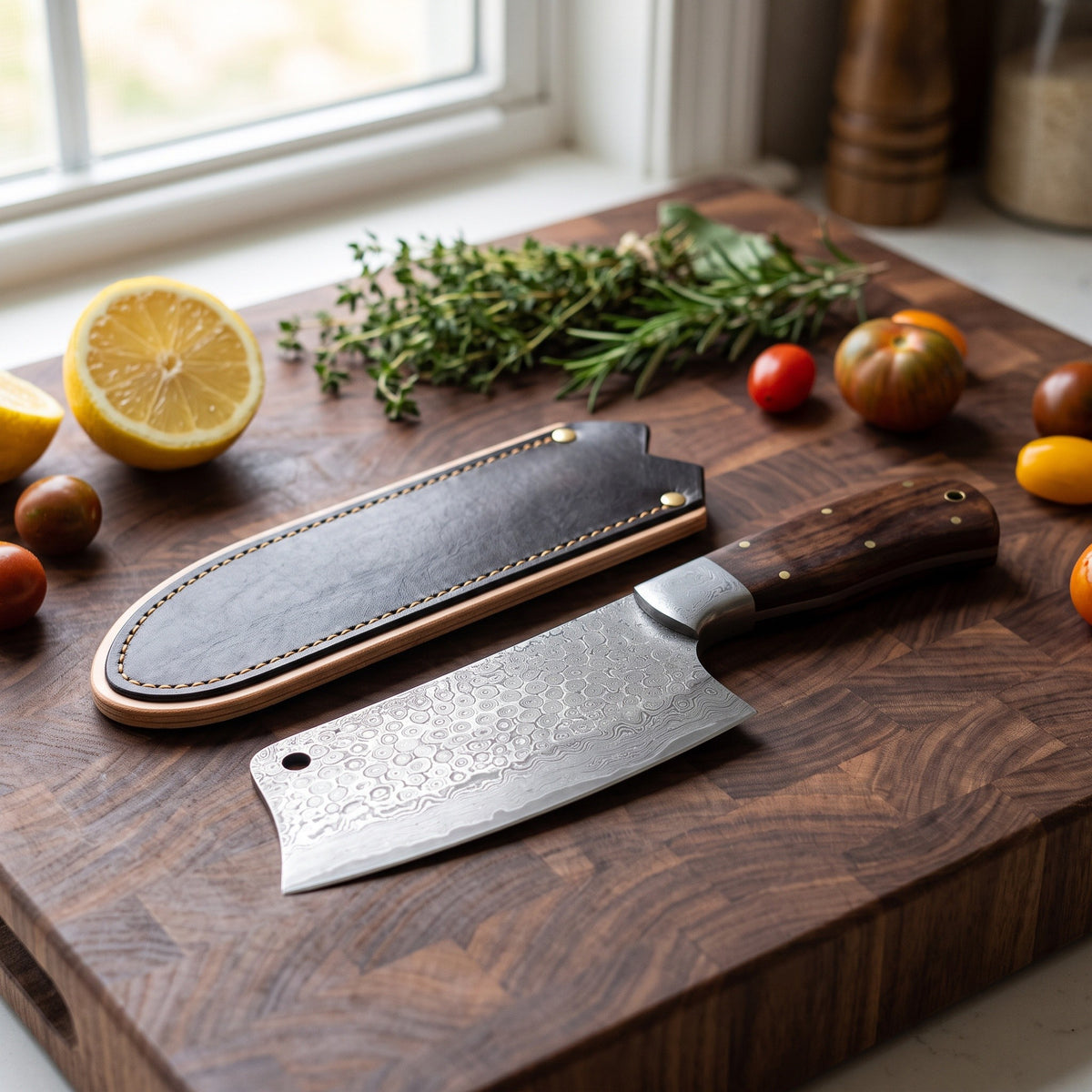 Hollow 6" Damascus Serbian Chef Knife | Rosewood, with the Crownridge blade guard in use