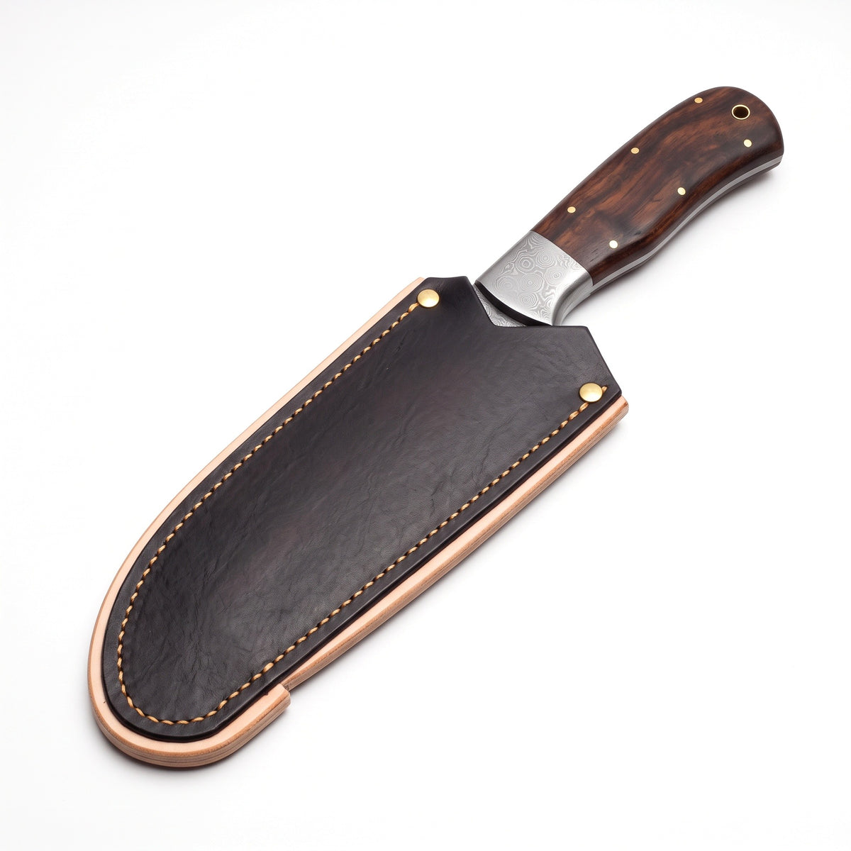 Hollow 6" Damascus Serbian Chef Knife | Rosewood, seated in the Crownridge blade guard
