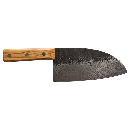 Hollow 7" Damascus Serbian Chef Knife | Olive Wood, side profile on white