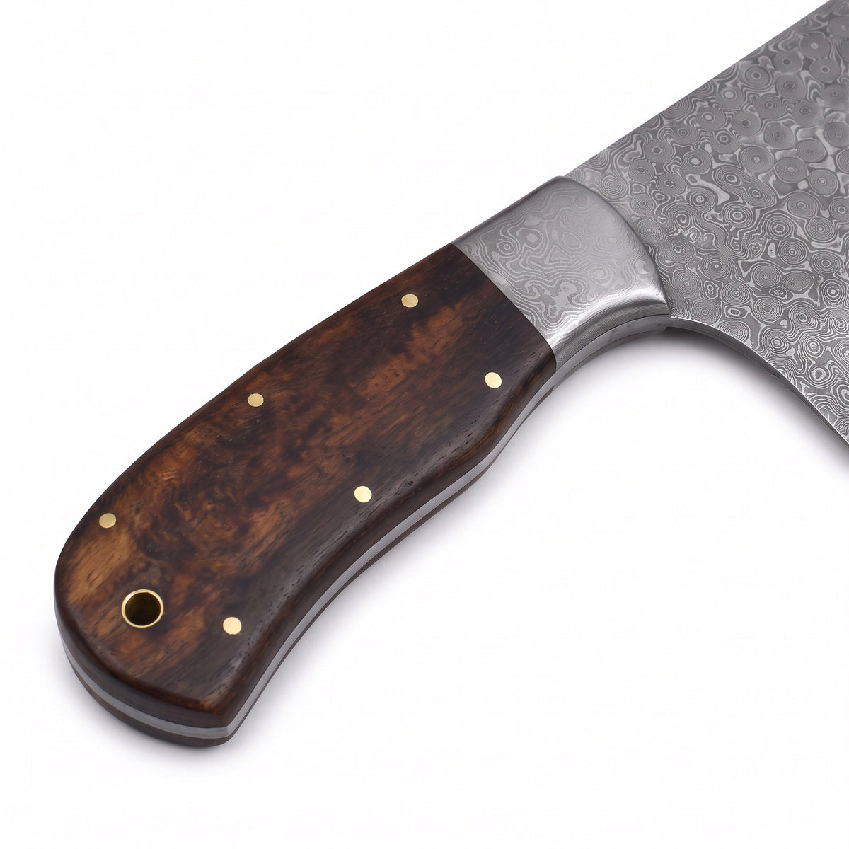Hollow 6" Damascus Serbian Chef Knife | Rosewood, handle and fittings close-up