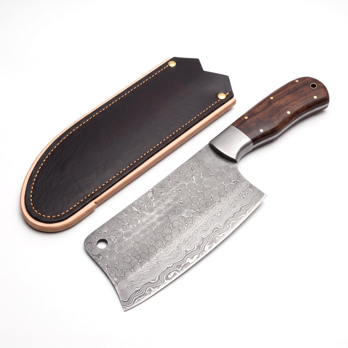 Hollow 6" Damascus Serbian Chef Knife | Rosewood, three-quarter view with the Crownridge blade guard