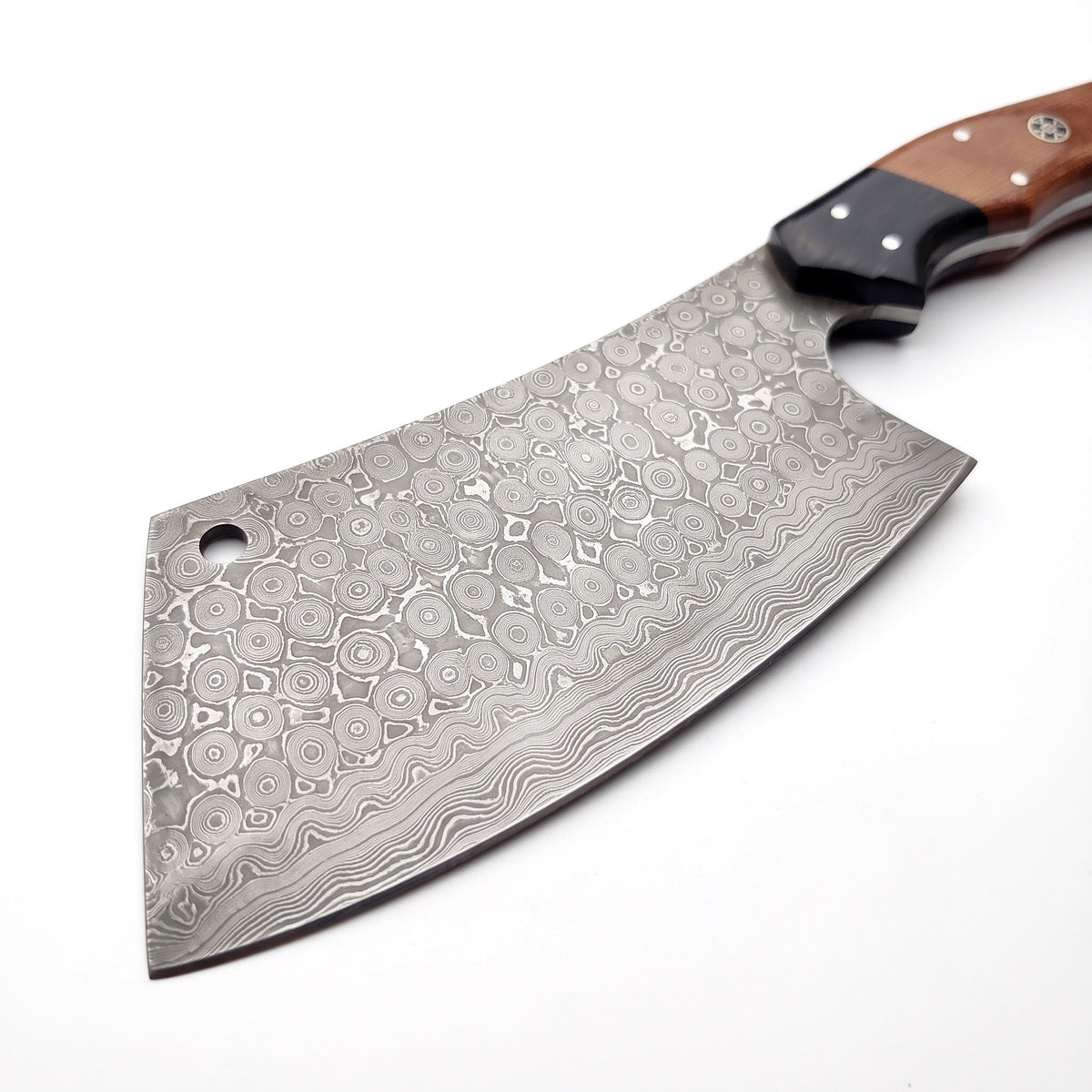 Hollow 8" Damascus Meat Cleaver | Micarta, Damascus blade close-up