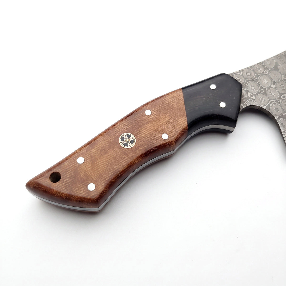 Hollow 8" Damascus Meat Cleaver | Micarta, handle and fittings close-up