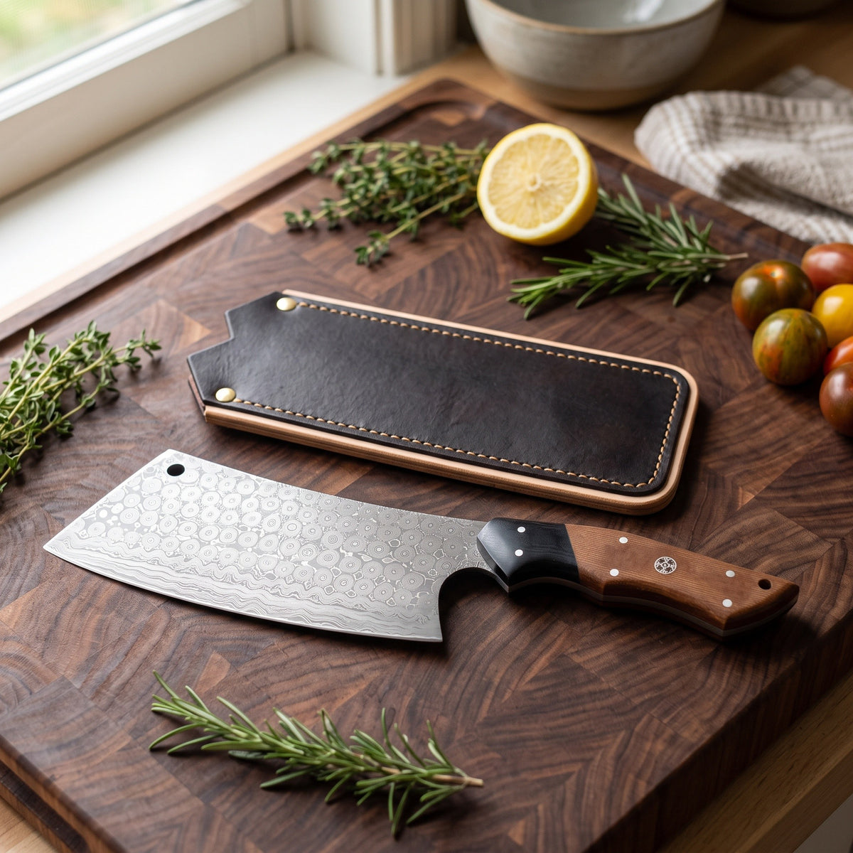 Hollow 8" Damascus Meat Cleaver | Micarta, with the Crownridge blade guard in use
