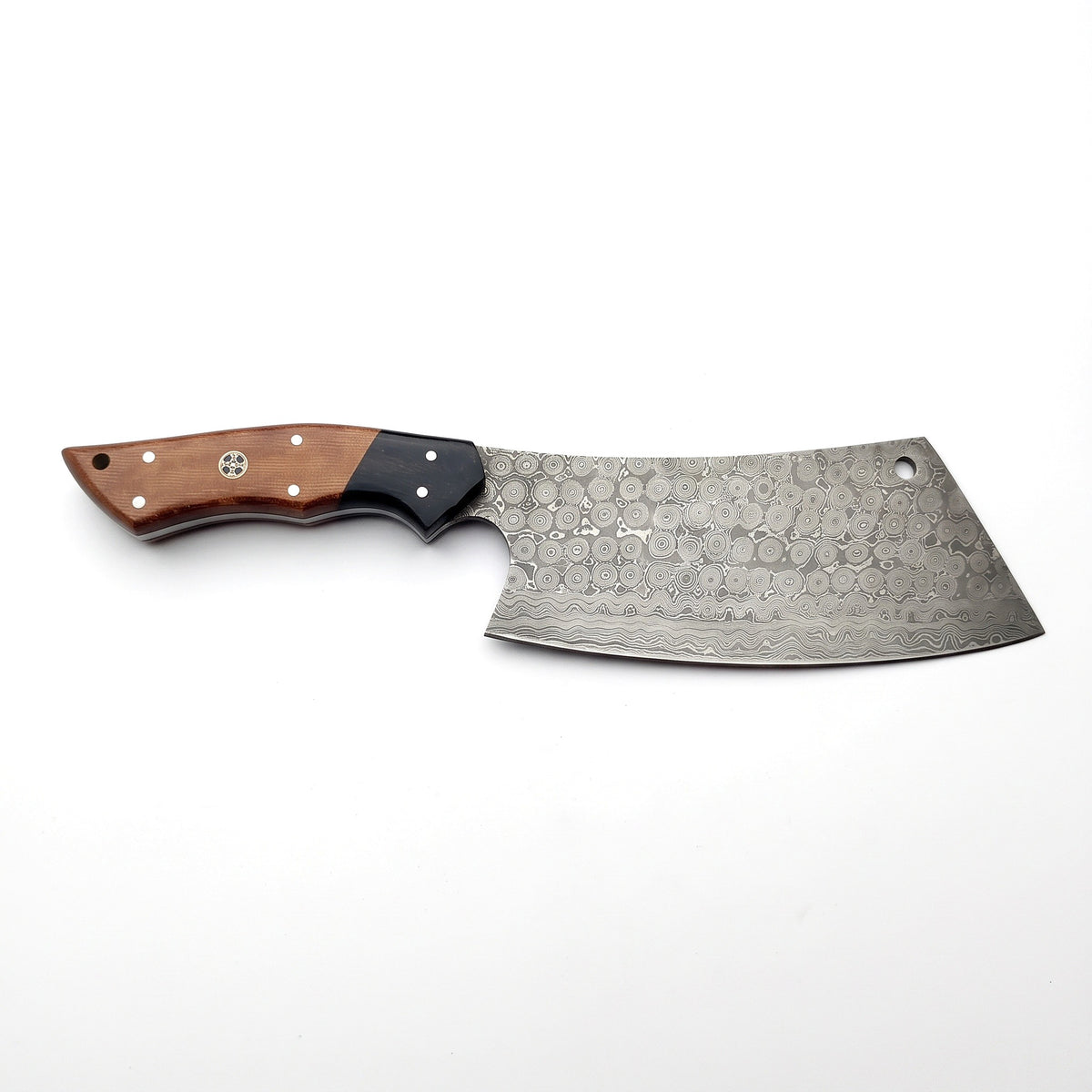 Hollow 8" Damascus Meat Cleaver | Micarta, side profile on white