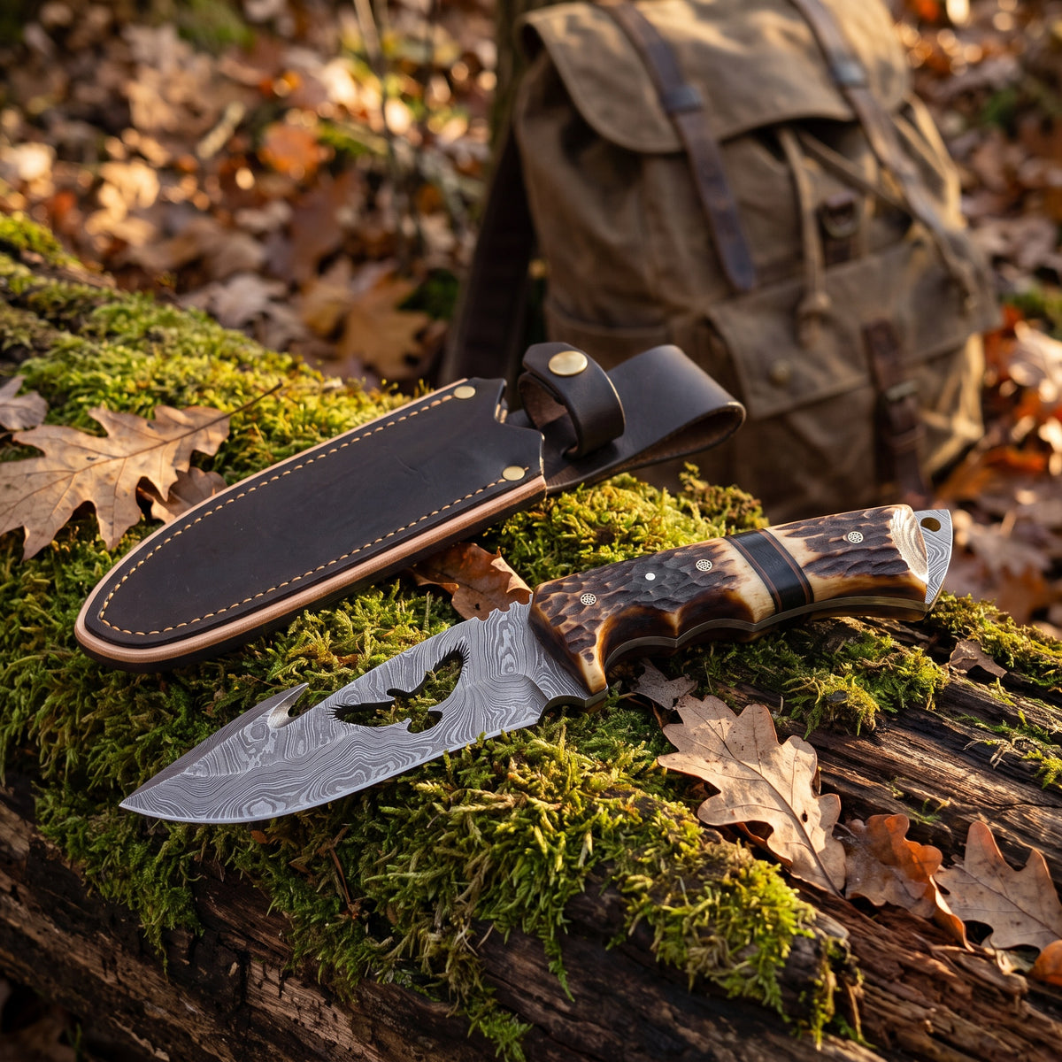 Ridgeback 10.7" Damascus Gut Hook Knife | Stag, with the Crownridge sheath in use