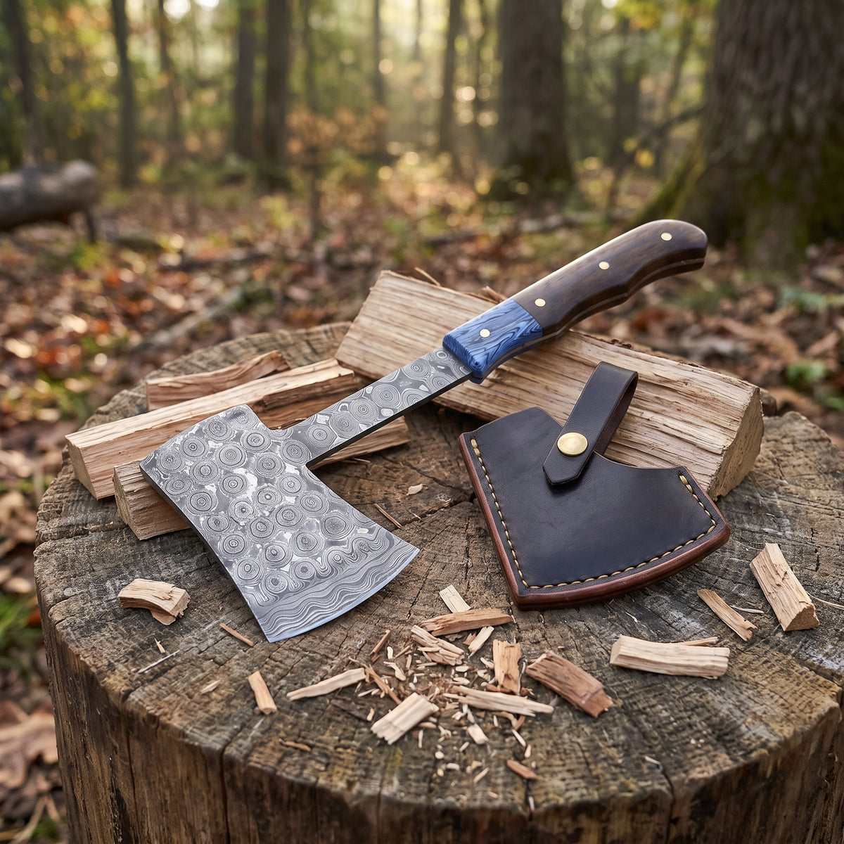 Hearth 7.5" Damascus Camping Hatchet | Walnut, with the Crownridge head mask in use