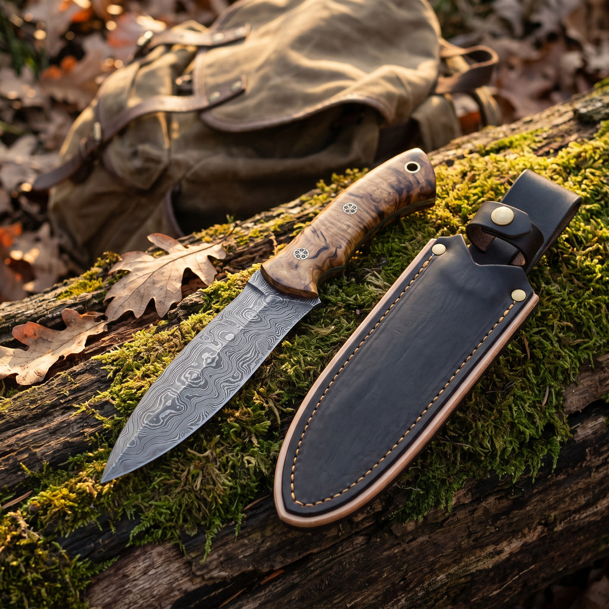 Ridgeback 10" Damascus Hunting Knife | Mango Wood, with the Crownridge sheath in use