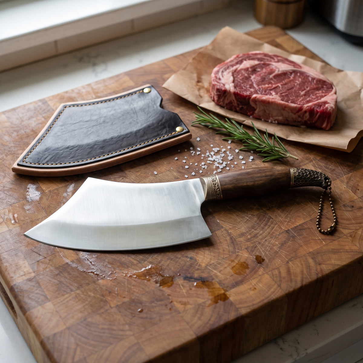 Hollow 10" Carbon Steel Meat Cleaver | Rosewood, with the Crownridge blade guard in use