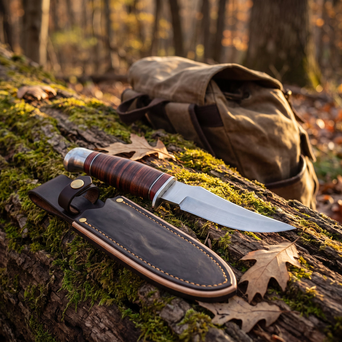 Ridgeback 8" Carbon Steel Hunting Knife | Hardwood, with the Crownridge sheath in use