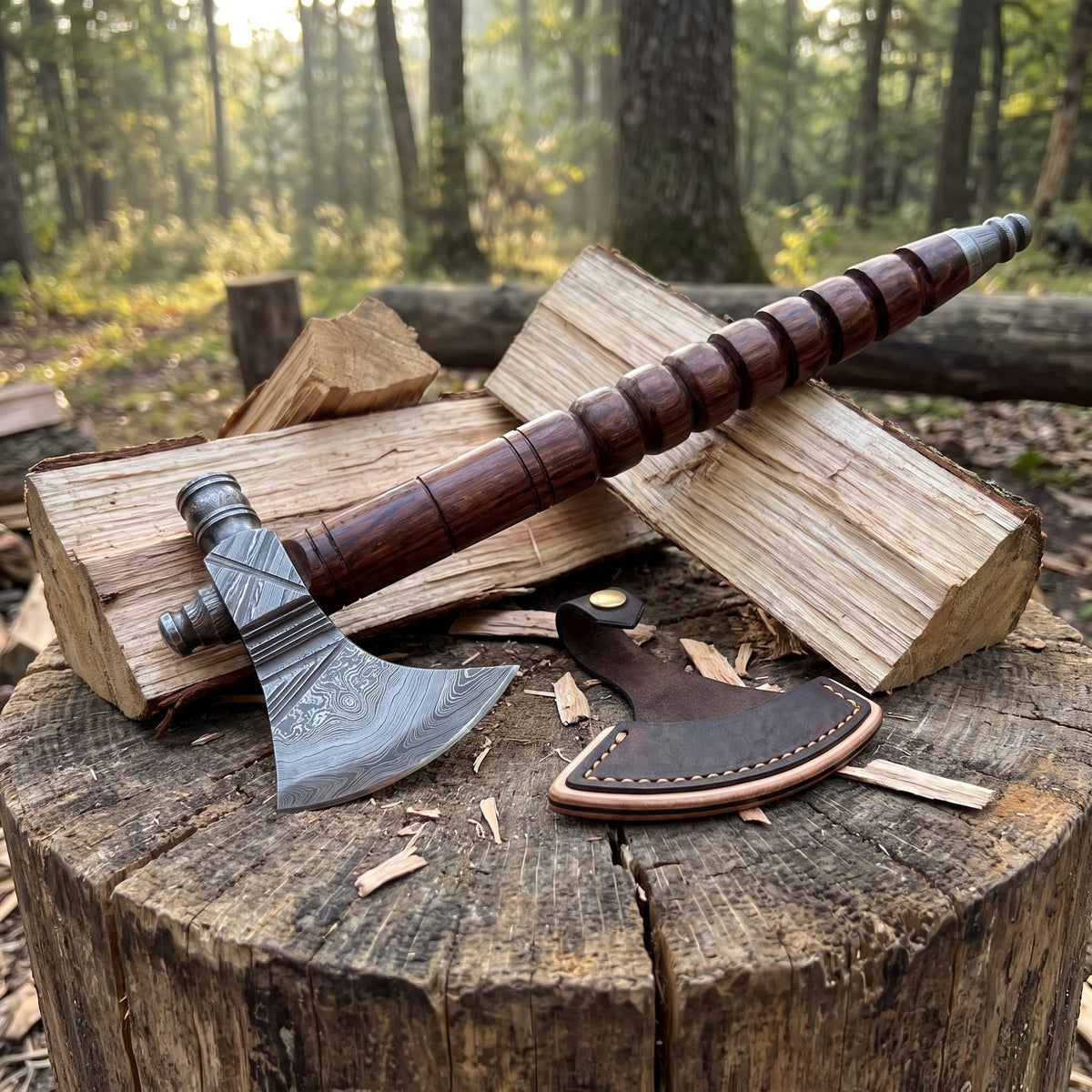 Hearth 17" Damascus Camping Hatchet | Walnut, with the Crownridge head mask in use